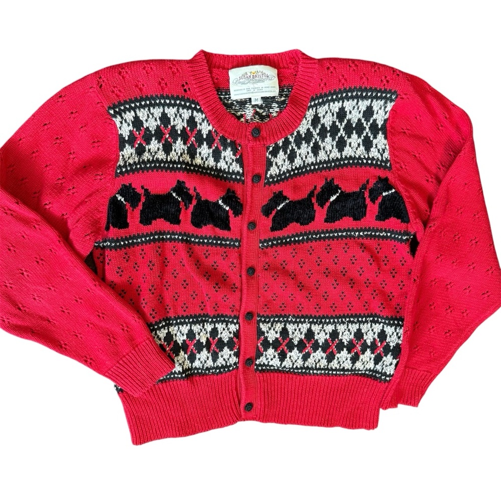 Vintage Susan Bristol Scottie‎ Dog Red Argyle Cardigan Sweater Sz M Whimsical